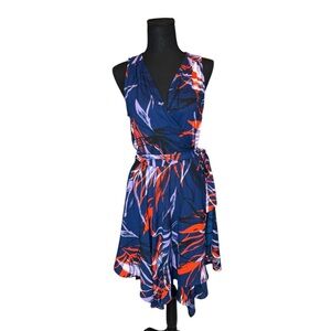 ALLISON JOY Womens Blue Purple Red Abstract Print Handkerchief Hem Wrap Dress S